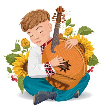 Kobza vektörü. Bir çocuk müzik enstrümanı çalıyor. Ukrayna folkloru. Erkek çizgi filmi. Ayçiçeği vektörü.