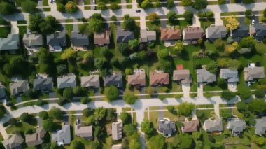 Drone view of american suburb at summertime. Establishing shot of neighborhood. . High quality 4k footage