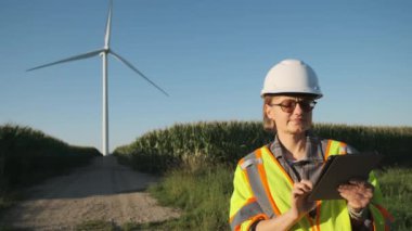 Rüzgâr tarlasında elinde tabletle bir mühendis rüzgar türbinini ayarlıyor. Yüksek kalite 4k görüntü