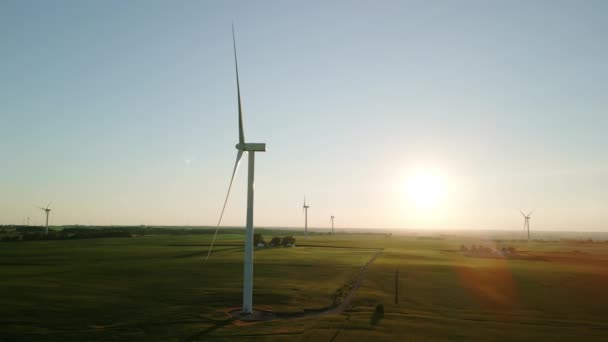 Widok Powietrza Parku Wiatrowego Turbinami Wiatrowymi Stojącymi Polu Pszenicy Zachodzie — Wideo stockowe