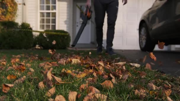 Человек Выдувает Листья Дворе Осенний Сезон Медленное Движение Высококачественные Кадры — стоковое видео