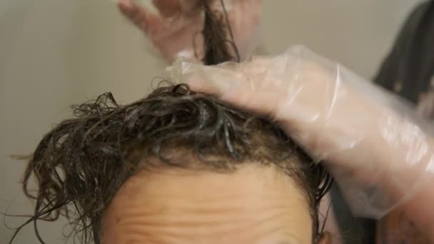 Coloration Des Cheveux Gros Plan Coiffeurs Peignent Main Les Racines — Video