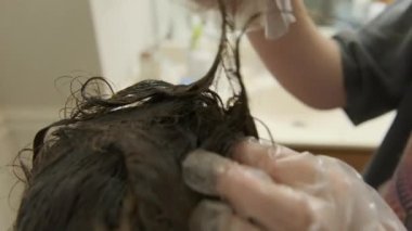 Kuaförlerin el boyaları saç köklerini fırçayla boyar. - Evet. Yüksek kalite 4k görüntü
