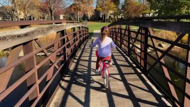 Disparo Detrás Una Niña Montado Bicicleta Parque Los Suburbios Día — Vídeos de Stock