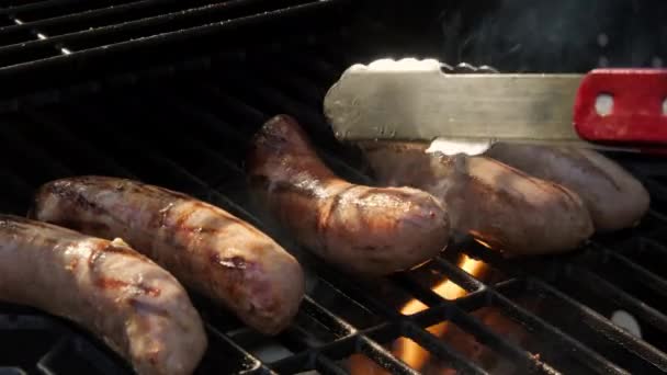 Griglia Salsiccia Barbecue Carbone Con Fuoco Rallentatore Filmati Alta Qualità — Video Stock