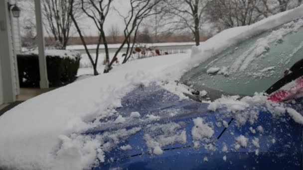 Vrouw Schoonmaken Blauwe Auto Sneeuwval Hoge Kwaliteit Beeldmateriaal — Stockvideo