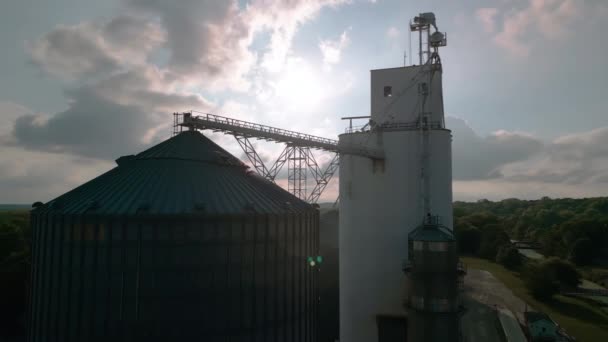 Metalltanks Des Aufzugs Des Getreidetrocknungskomplexes Stahllager Für Die Landwirtschaftliche Ernte — Stockvideo