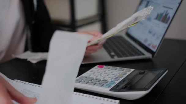 Woman Checking Bills Taxes Bank Account Balance Calculating Expenses Living — Stock Video