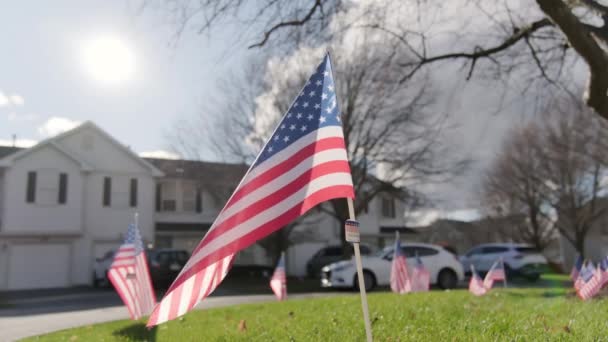 Fuera Ondear Lentamente Banderas Estadounidenses Que Soplan Viento Concepto Patriótico — Vídeo de stock