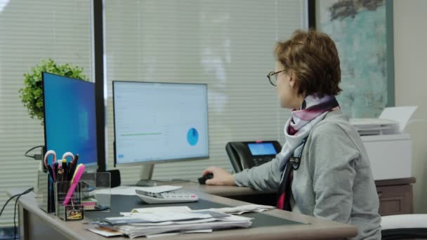 Woman Sit Desk Using Computer Make Data Analysis Check Statistics — kuvapankkivideo