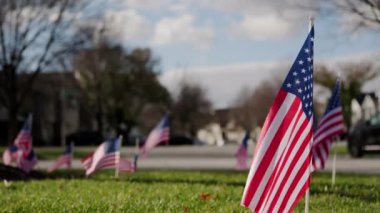 Rüzgarda dalgalanan Amerikan bayrakları dışında. ABD bayramları için vatanseverlik konsepti, 4 Temmuz, Anma Günü veya Gaziler Günü. Yüksek kalite 4k görüntü