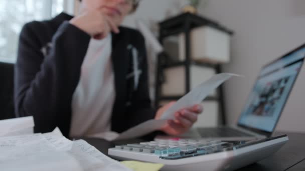 Woman Checking Bills Taxes Bank Account Balance Calculating Expenses Living — Stock Video