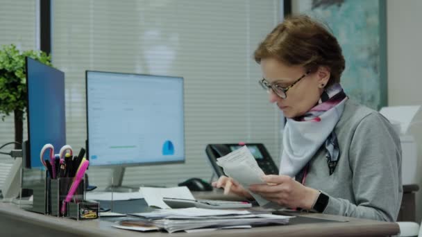 Woman Sit Desk Using Computer Make Data Analysis Check Statistics — Stock Video