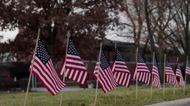 Rüzgarda dalgalanan Amerikan bayrakları dışında. ABD bayramları için vatanseverlik konsepti, 4 Temmuz, Anma Günü veya Gaziler Günü. Yüksek kalite 4k görüntü