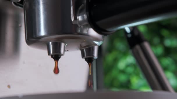 Kahve Makinesiyle Kahve Yapıp Fincana Espresso Içerken Yakın Çekim Yüksek — Stok video