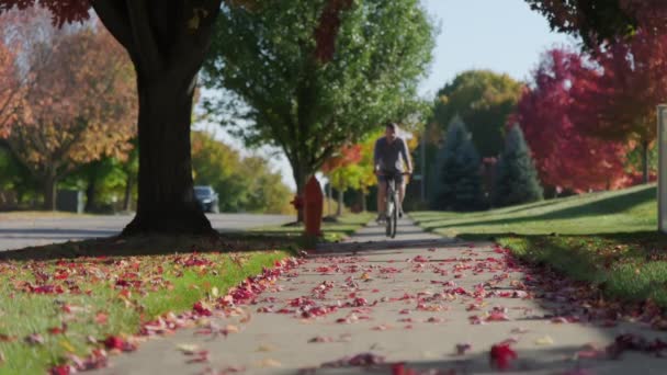 Ciclista Andando Estrada Parque Subúrbios Dia Outono Folhas Amarelas Chão — Vídeo de Stock