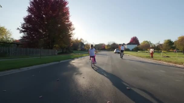 Matka Córka Jeżdżą Rowerach Parku Przedmieściach Słoneczny Dzień Wysokiej Jakości — Wideo stockowe