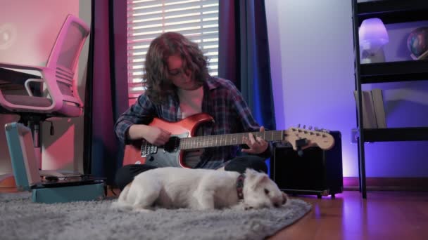 Mujer Alegre Adolescente Tocando Guitarra Mientras Está Sentado Con Perro — Vídeos de Stock