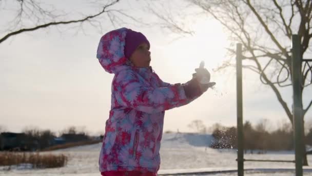 有趣的小女孩扔雪了 快乐的孩子们玩雪球 高质量的4K镜头 — 图库视频影像