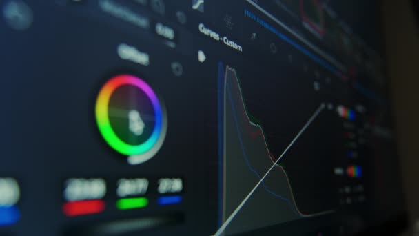 Close Video Editing Computer Monitor Computer Capture Color Correction Work — Vídeos de Stock