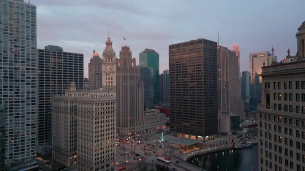 Downtown Chicago Street Zonsondergang Tijd Luchtfoto Hoge Kwaliteit Beeldmateriaal — Stockvideo