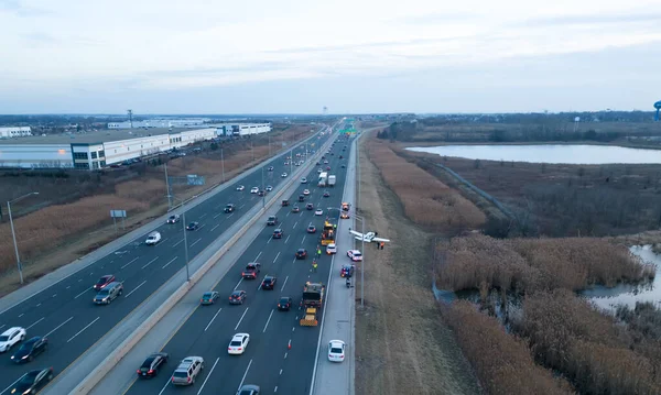 Emergency airplane landing on highway. Drone shot. High quality photo