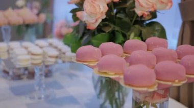 Beautiful, bright buffet with many sweet snacks, a candy bar, is waiting for guests at the celebration. . High quality 4k footage