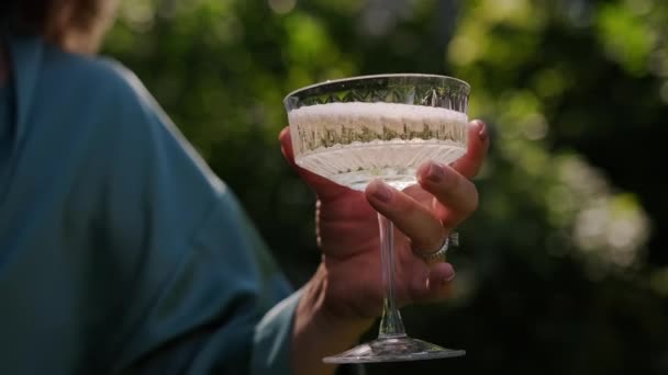 Woman Holding Glass Champagne Wine Sunlight High Quality Footage — Wideo stockowe