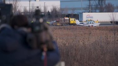 Emergency airplane landing on highway. Bolingbrook IL. USA 10 January 2023. High quality 4k footage