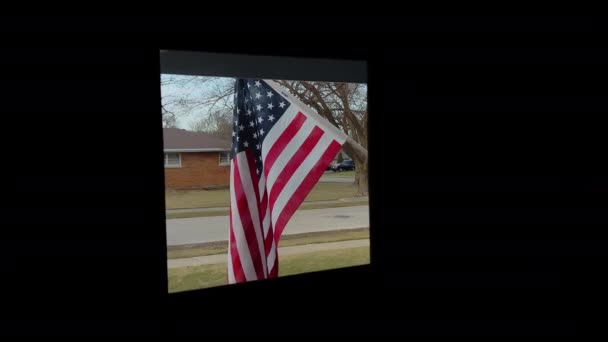American Flag Front House Seen Window Door High Quality Footage — Vídeos de Stock