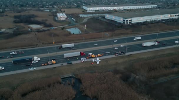 Emergency Airplane Landing Highway Drone Shot High Quality Photo — Video Stock