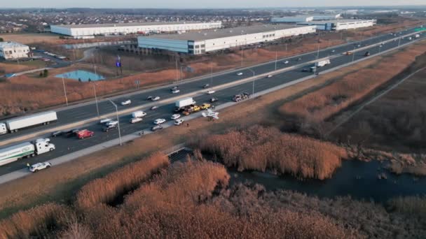 Emergency Airplane Landing Highway Drone Shot High Quality Photo — Stockvideo