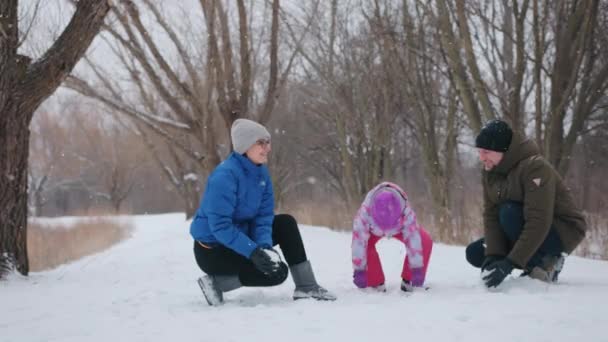 Güneşli Bir Kış Gününde Parkta Karla Oynayan Mutlu Bir Aile — Stok video
