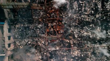 Aerial view of building was destroyed after the fire. High quality 4k footage
