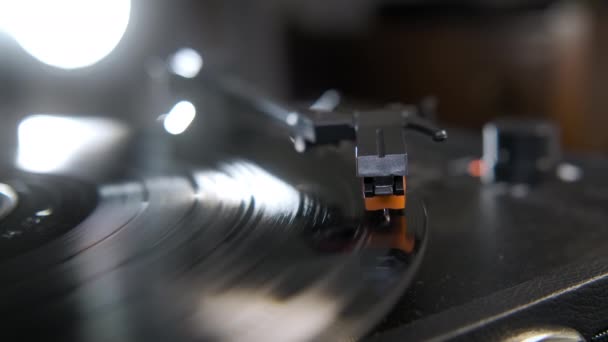Close Shot Hands Placing Vintage Turntable Spinning Vinyl Record High — Stock Video