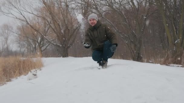 Man Playing Jack Russell Terrier Dog Snow Park Happy Cheerful — Video Stock