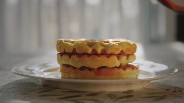 Hands Dripping Maple Syrup Stack Delicious Homemade Pancakes High Quality — Stok Video
