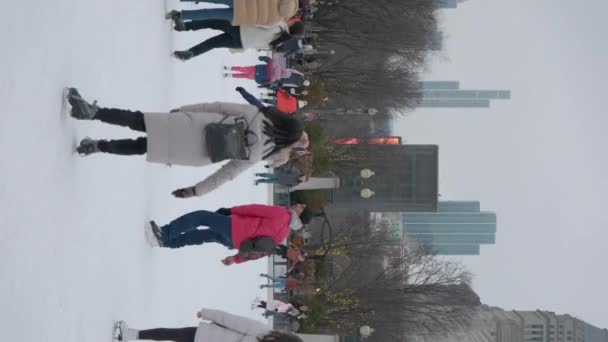 Mensen Schaatsen Een Ijsbaan Het Centrum Van Chicago Bewolkte Winterdag — Stockvideo