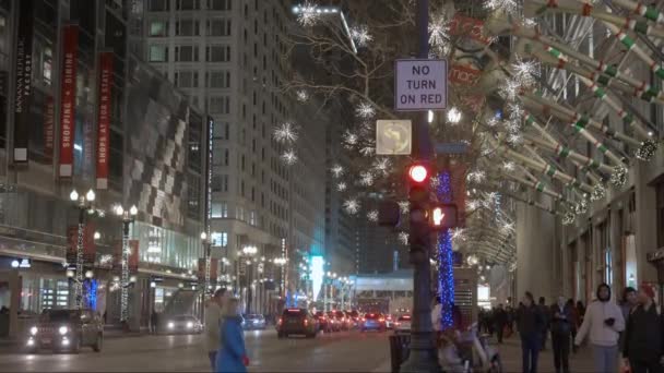 Cars Traffic Street Chicago Magnificent Mile Street Cloudy Winter Night — Vídeos de Stock