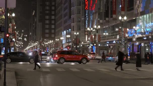 Cars Traffic Street Chicago Magnificent Mile Street Cloudy Winter Night — Vídeo de Stock
