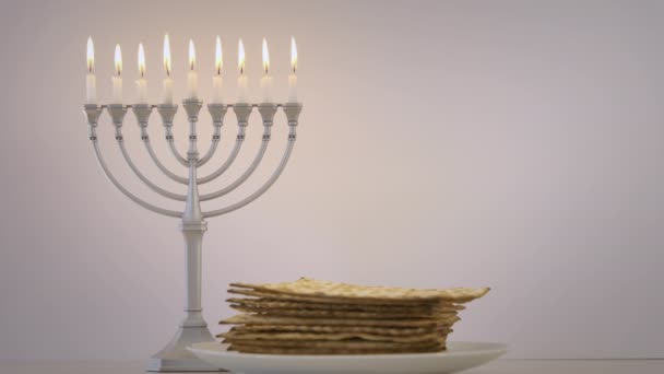 White Candles Lit Hanukkah Hanukkiah Menorah White Background High Quality — Stock Video