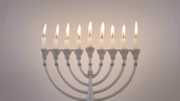 Velas Brancas Acesas Para Hanukkah Fundo Branco Hanukkiah Menorah Imagens — Vídeo de Stock