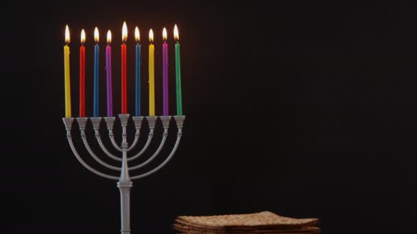 Coloridas Velas Hanukkah Fundo Preto Imagens Alta Qualidade — Vídeo de Stock