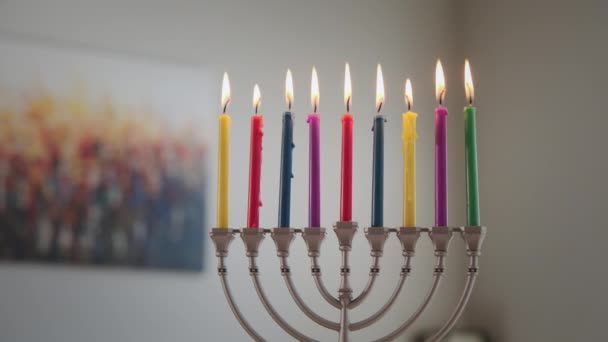 Colored Candles Lit Hanukkah Hanukkah Menorah Sun Rays Blurred Background — Stock Video