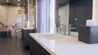 Modern Tiled Banyo with Duş modern ev, gayrimenkul iç. Yüksek kalite 4k görüntü