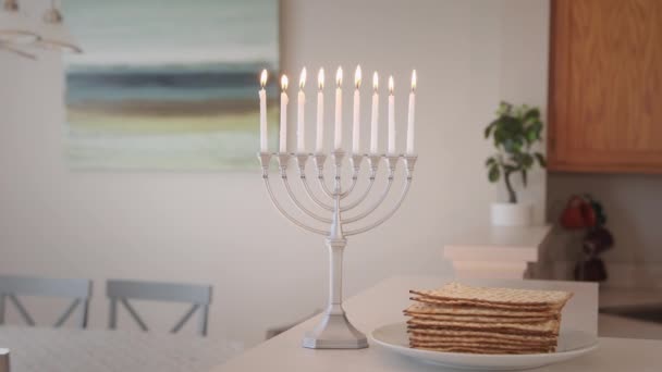 Candles Holiday Lit Hanukkah Hanukkiah Menorah Blurred Backdrop Home High — Stock Video