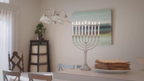 Candles Holiday Lit Hanukkah Hanukkiah Menorah Blurred Backdrop Home High — Stock Video