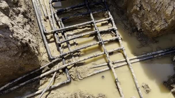 Plastic Pipes Laid Trenches Dirty Water Close High Quality Footage — Stock Video