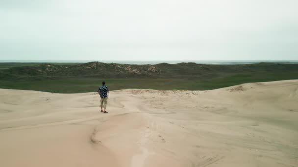 Homme Voyageur Sur Une Énorme Dune Sable Aérienne Pittoresque Île — Video