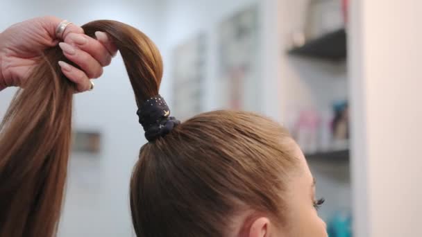 Femme Ayant Les Cheveux Coupés Par Styliste Féminine Dans Salon — Video